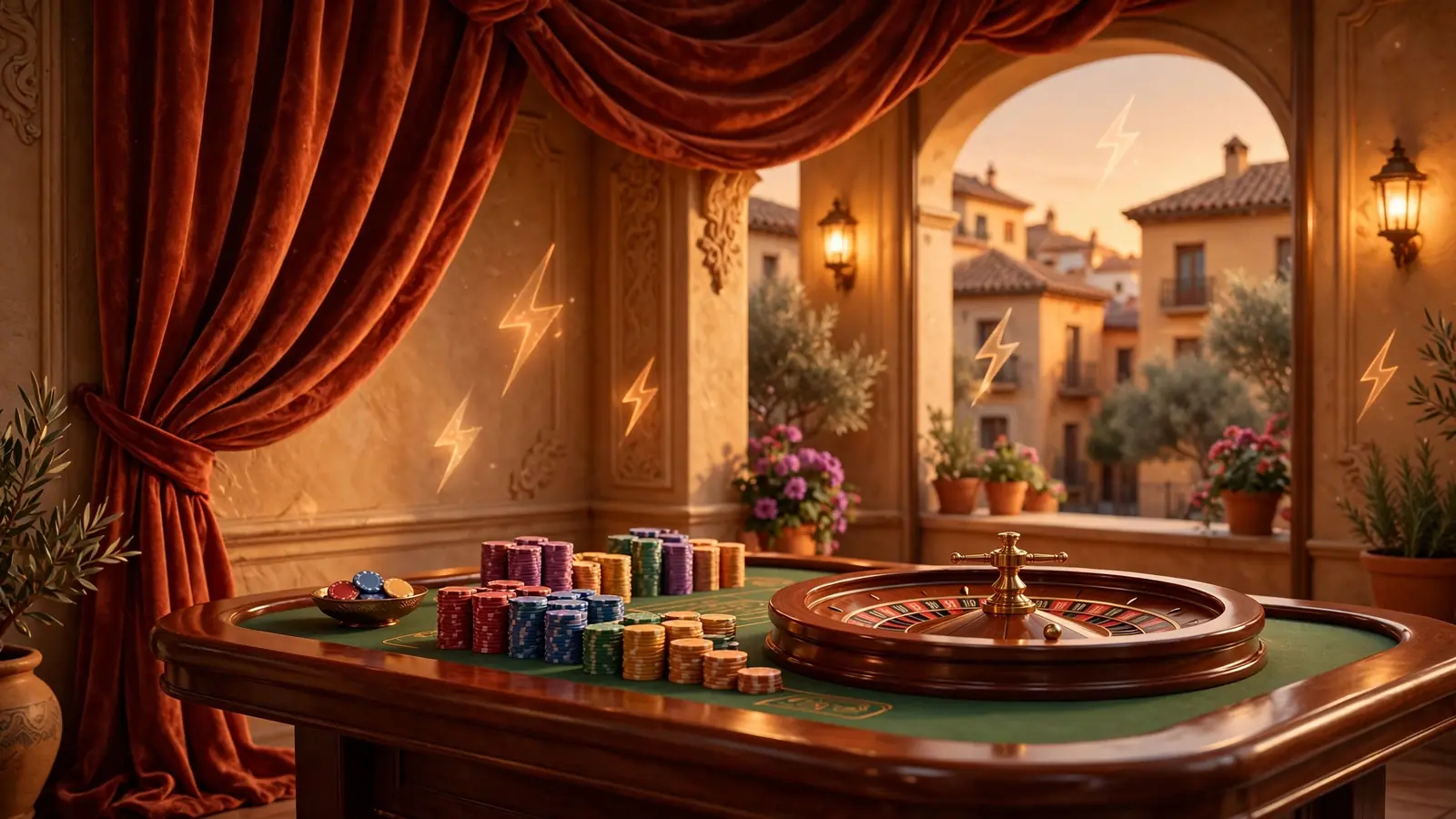 Ilustración de un salón de casino elegante con fichas, ruleta y motivos de rayos dorados