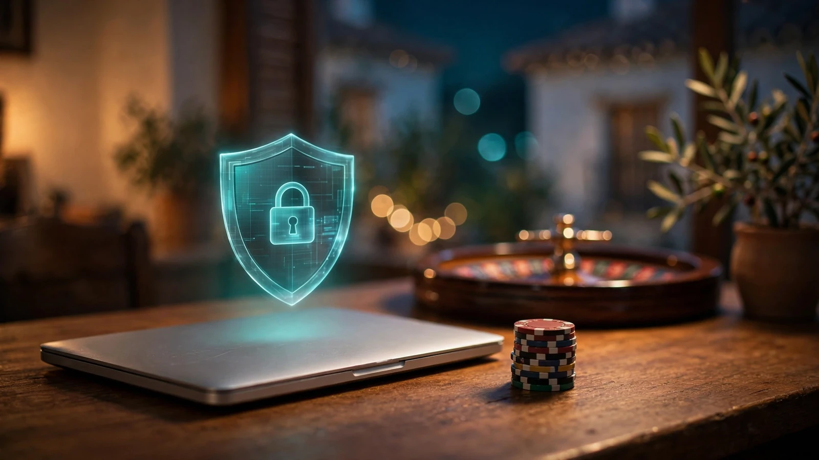 Mesa con portátil cerrado, fichas de casino y un escudo VPN brillante.