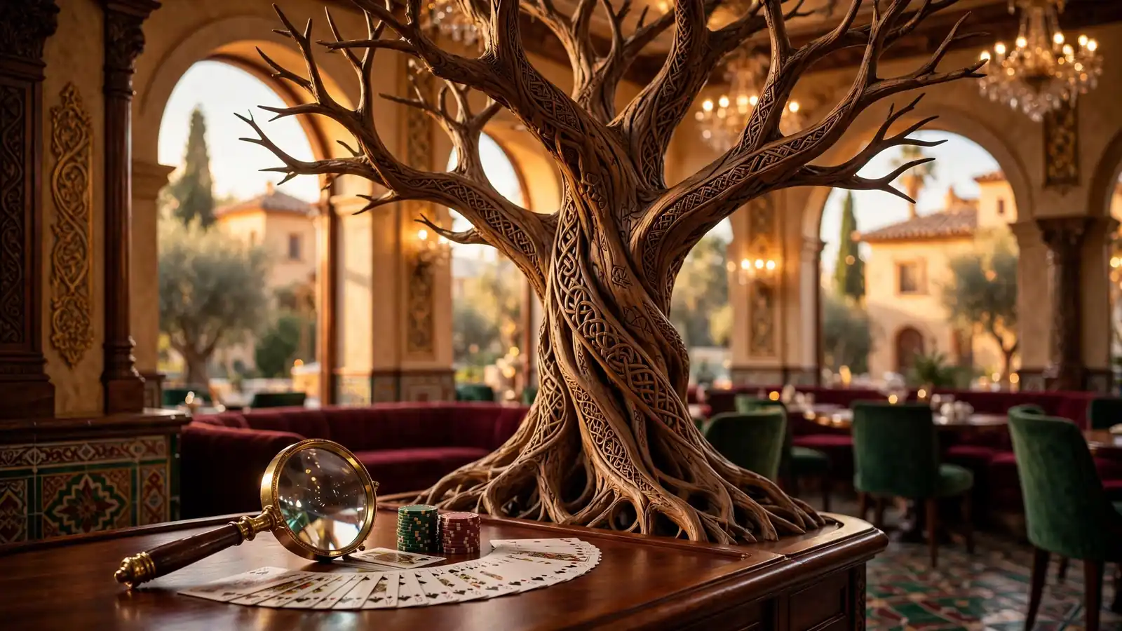 Interior de casino español elegante con árbol decorativo Yggdrasil y lupa sobre cartas