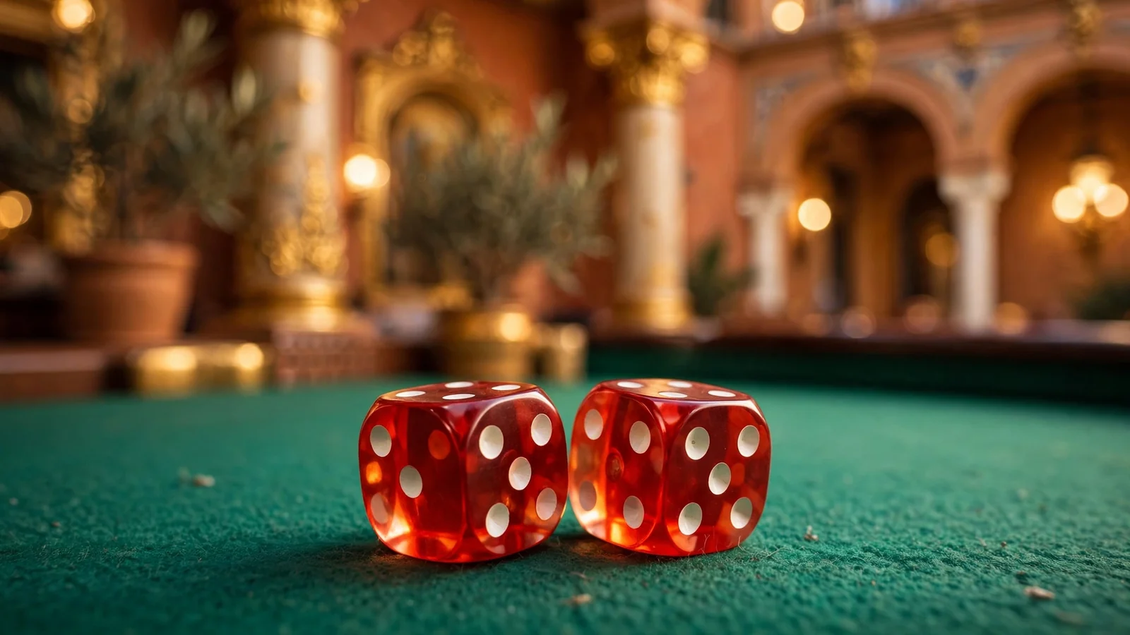 Dados de casino sobre mesa de fieltro verde con luz dorada española