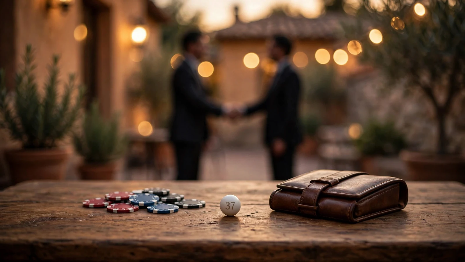 Mesa de casino con fichas y dos siluetas estrechando manos con tonos cálidos españoles