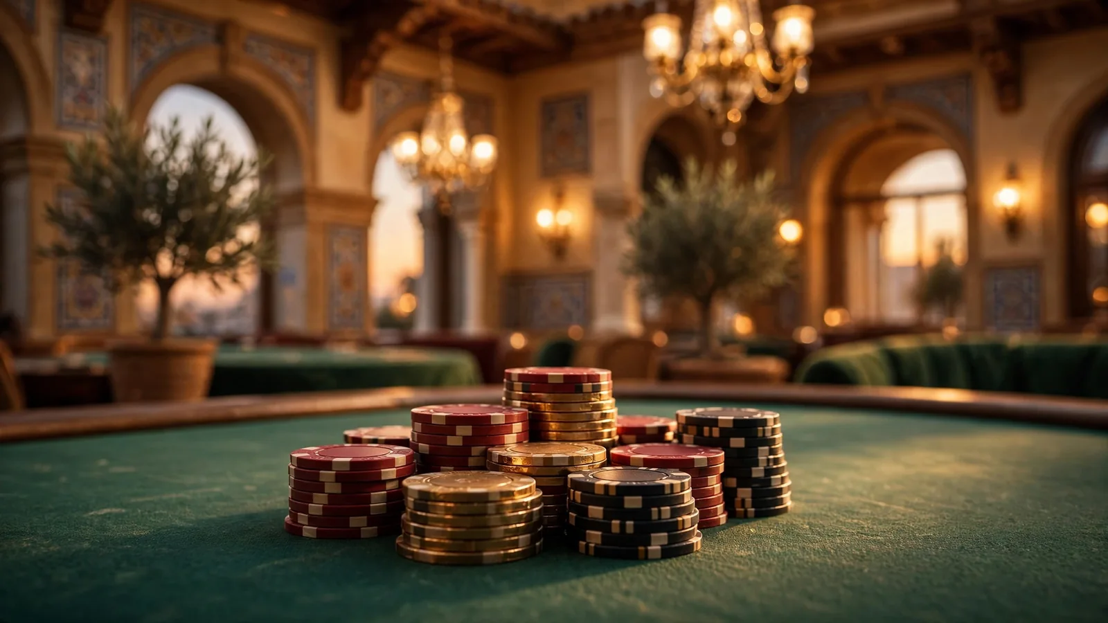 Fichas de póquer apiladas sobre una mesa de fieltro verde en un casino elegante