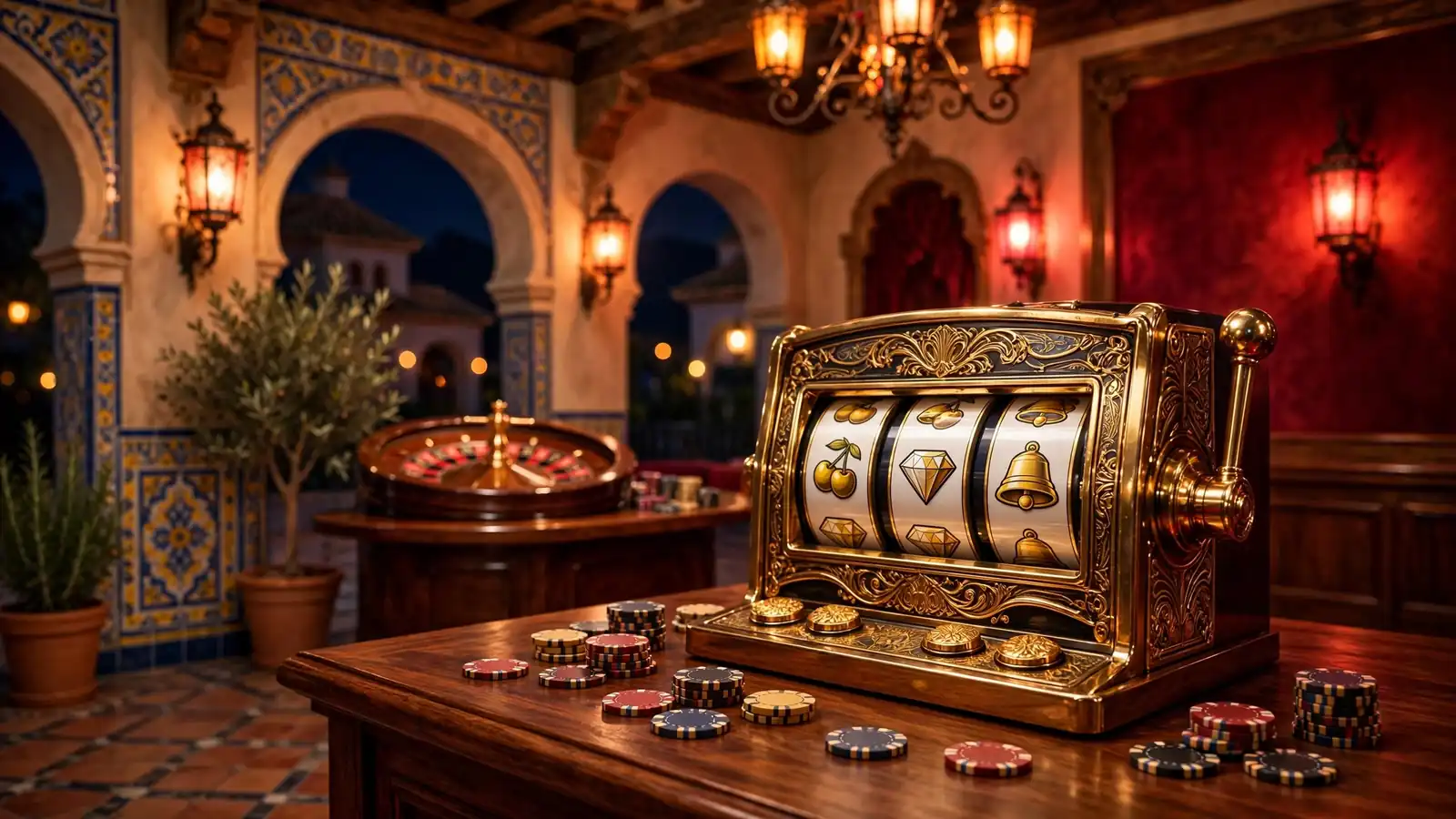 Ilustración de un elegante casino con máquina tragamonedas dorada y ruleta