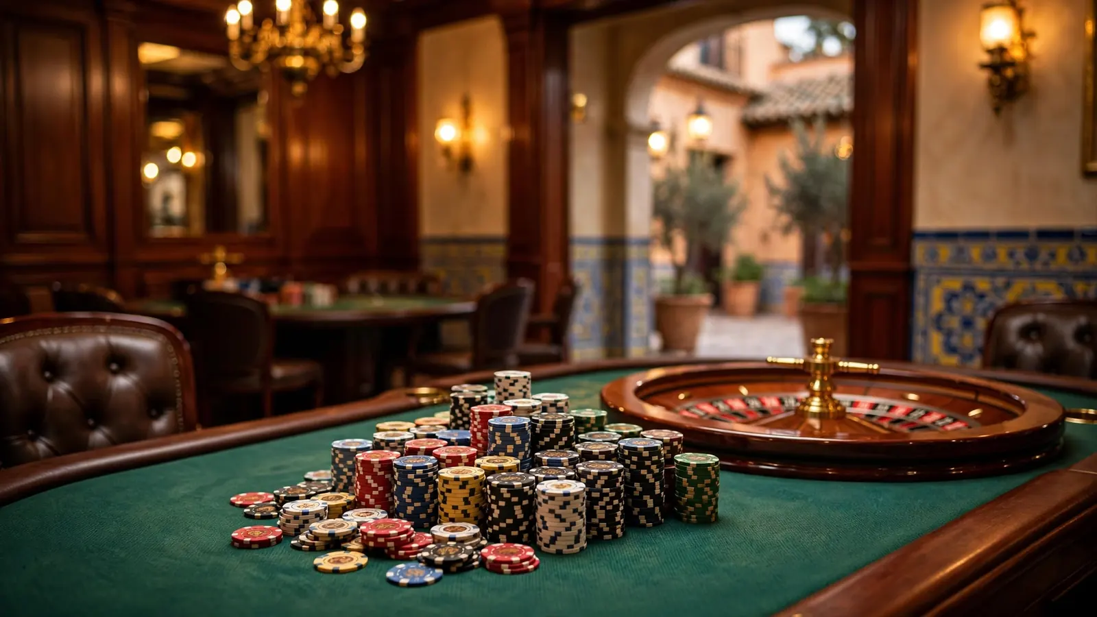 Mesa de casino de lujo con fichas apiladas y ruleta en salón elegante español