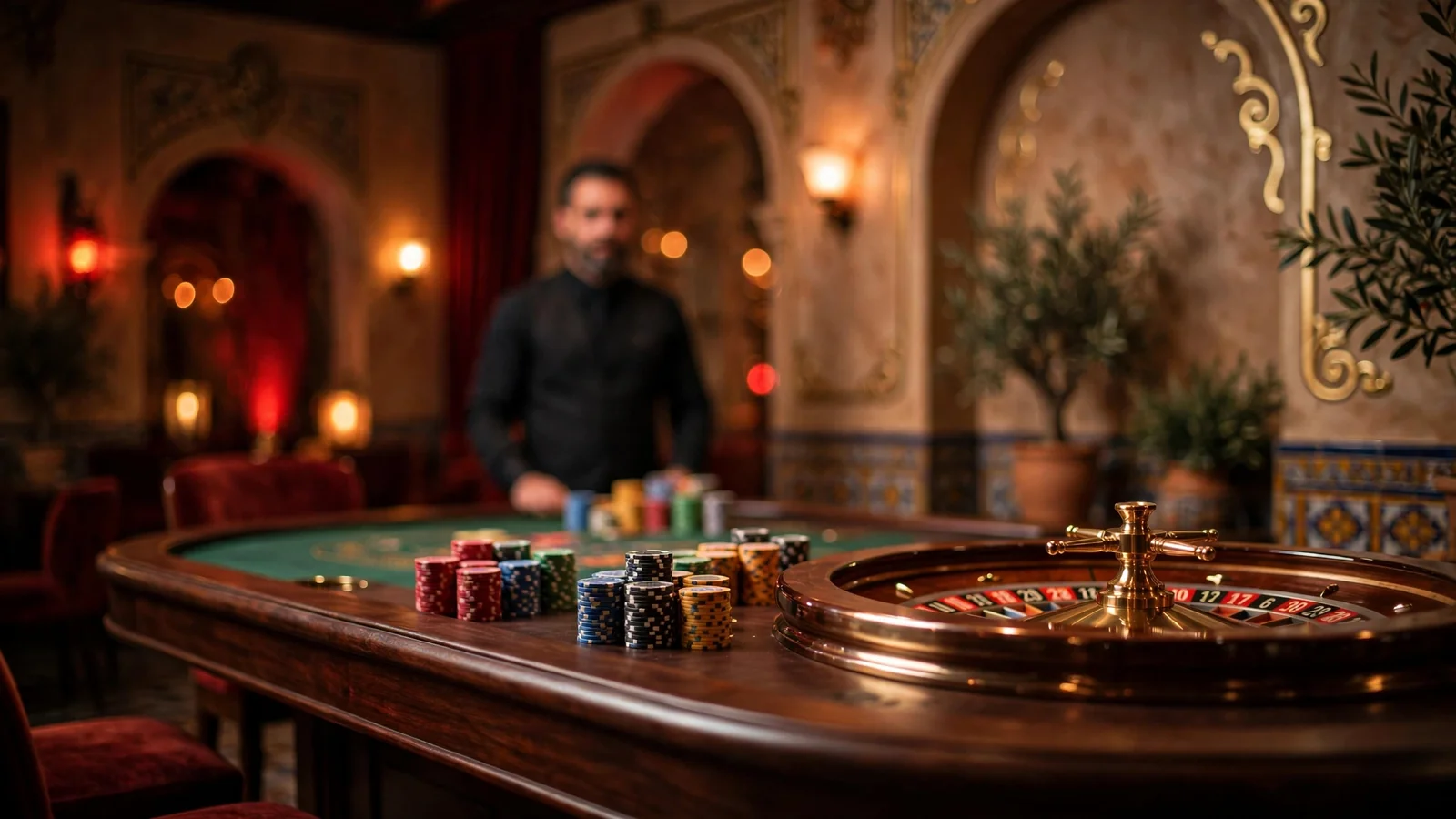 Elegante mesa de casino en vivo con fichas y ruleta bajo iluminación cálida española