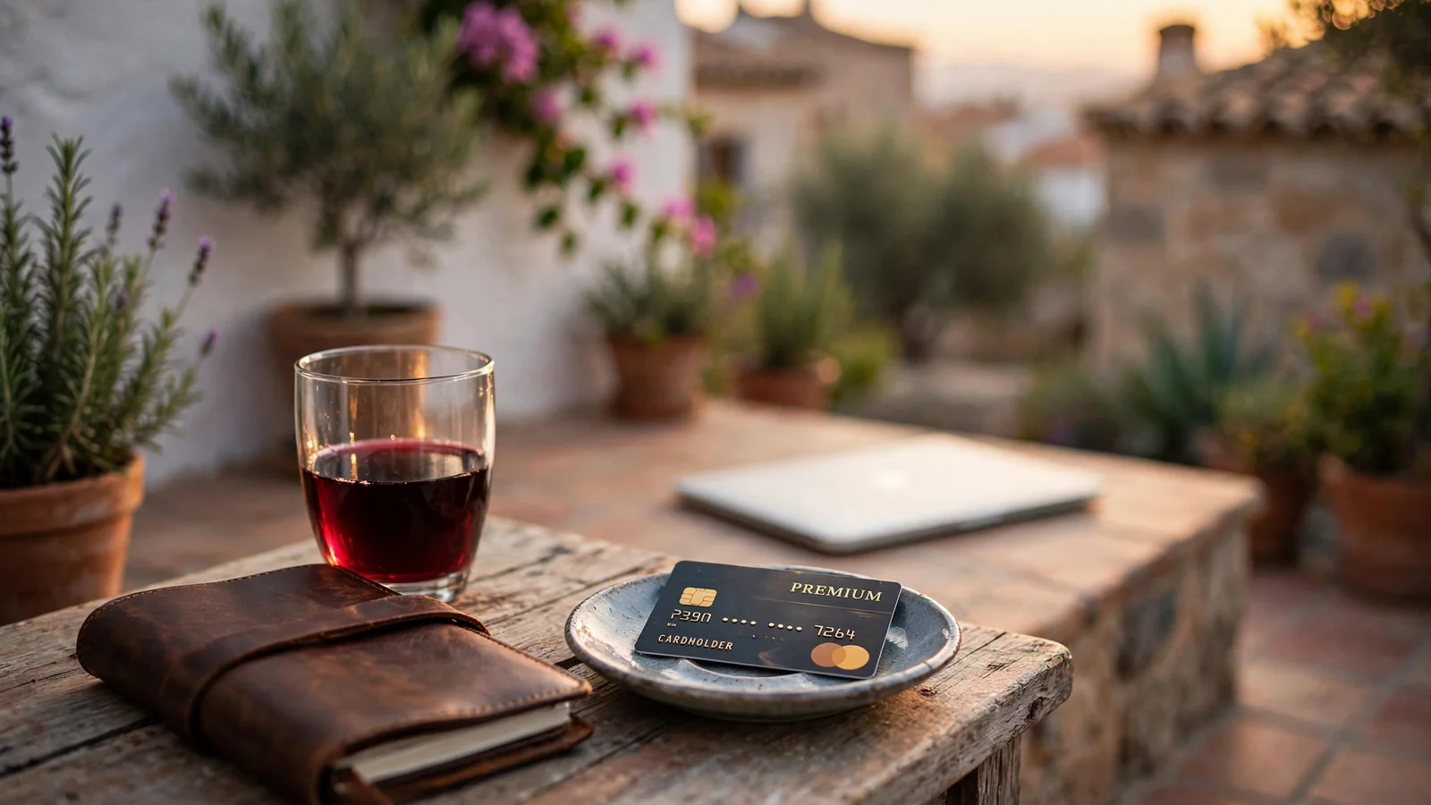 Terraza mediterránea al atardecer con tarjeta de crédito y portátil