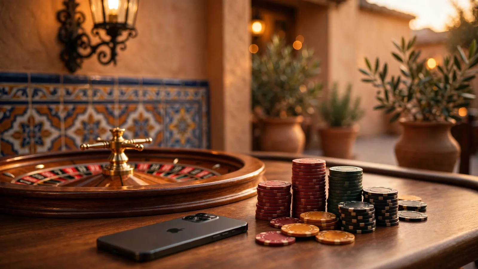 Mesa de casino con fichas y ruleta en ambiente español, teléfono móvil junto a las fichas