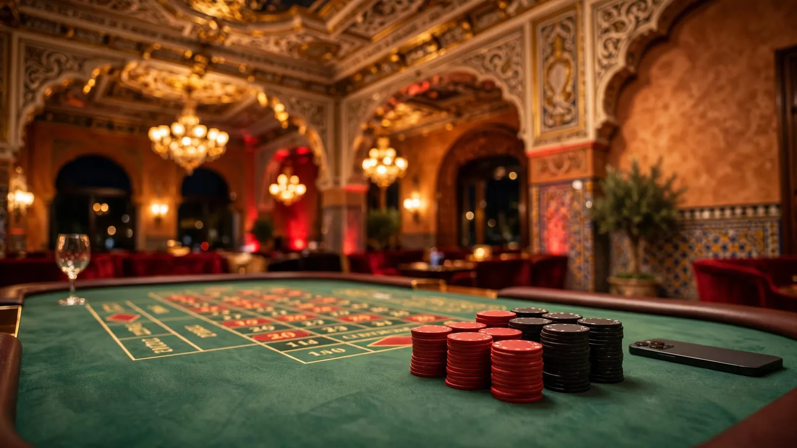 Elegante salón de casino español con mesa de ruleta y fichas junto a un móvil