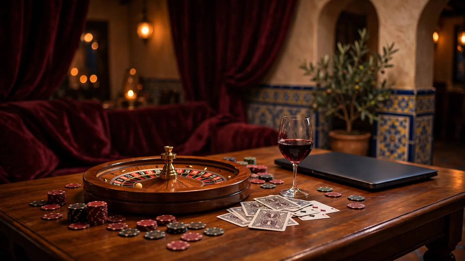 Elegante sala de juego española con ruleta, fichas y cartas sobre mesa de madera