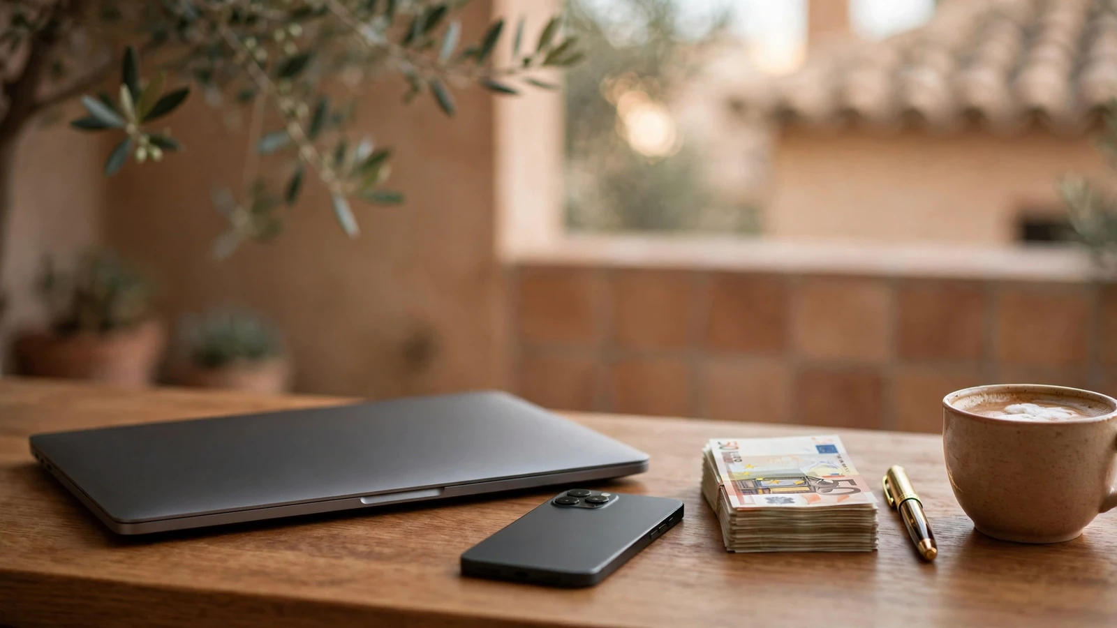 Escritorio moderno con dispositivo cerrado, billetes en euros y café, ambiente financiero español.