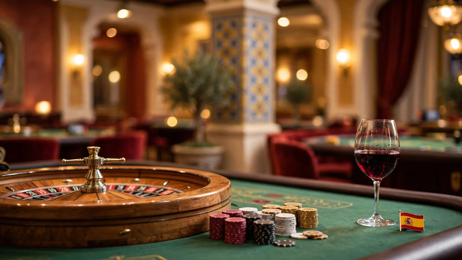 Elegante mesa de ruleta con fichas en un salón de casino español