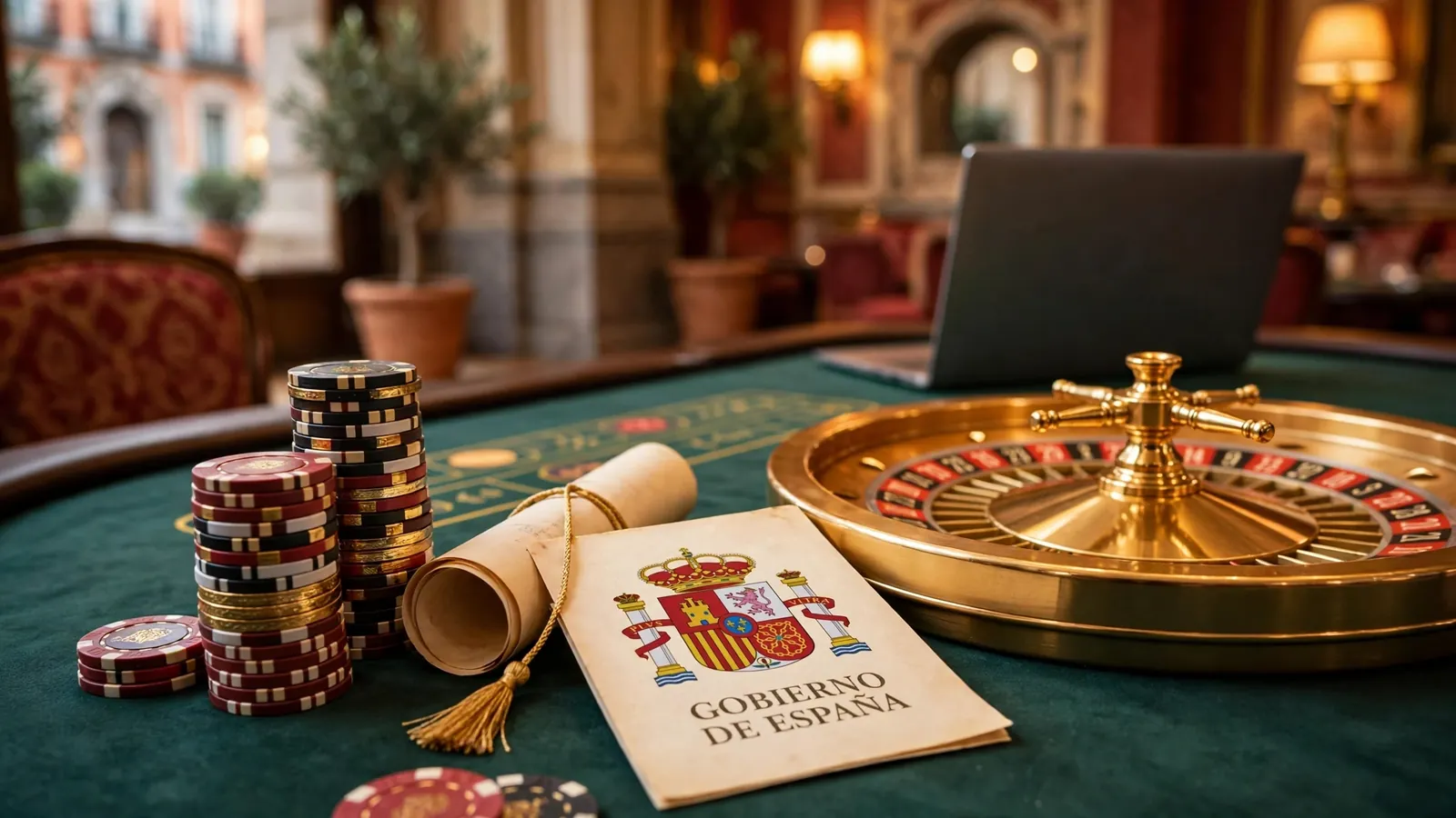 Mesa de casino con fichas, ruleta y documento oficial del regulador español