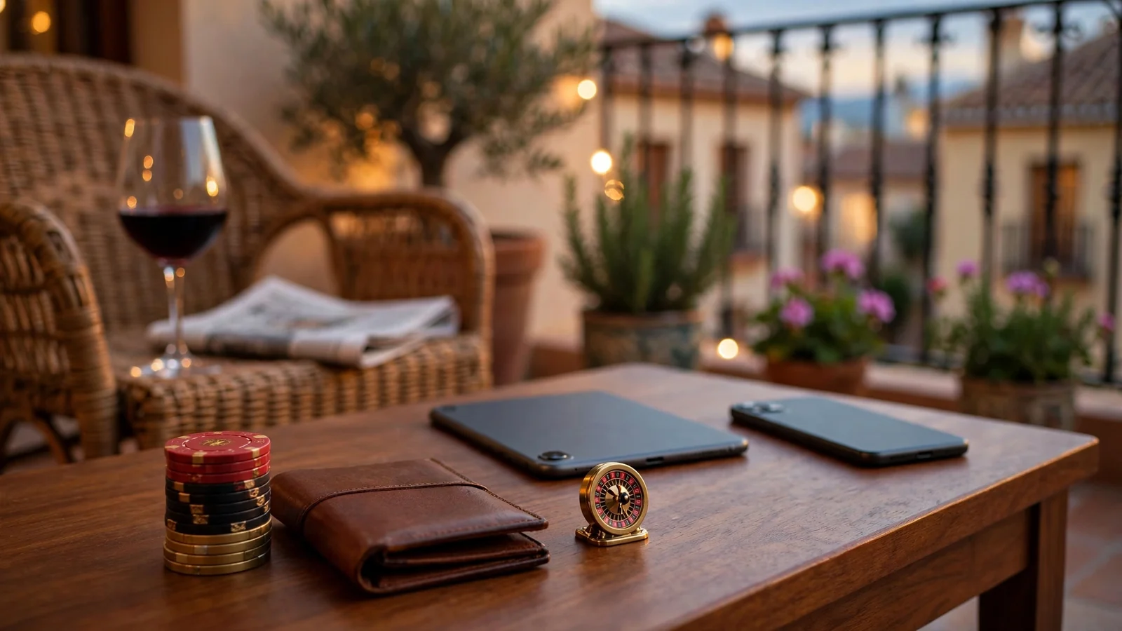 Mesa de terraza española con fichas de casino y dispositivos móviles boca abajo al atardecer