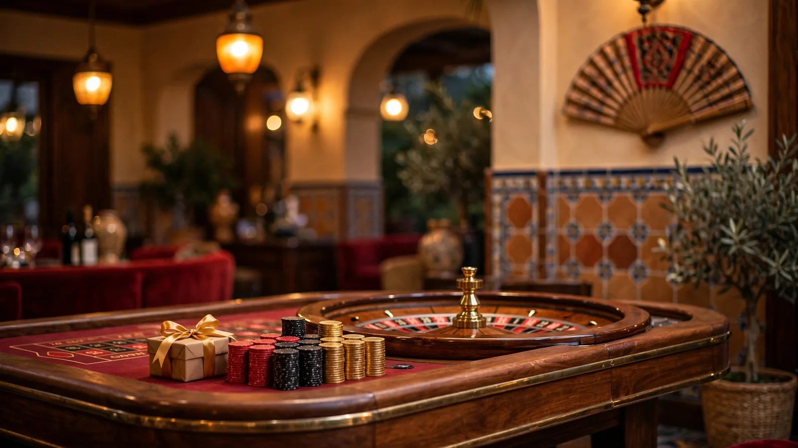 Elegante mesa de ruleta con fichas de casino y una caja de regalo, salón estilo español