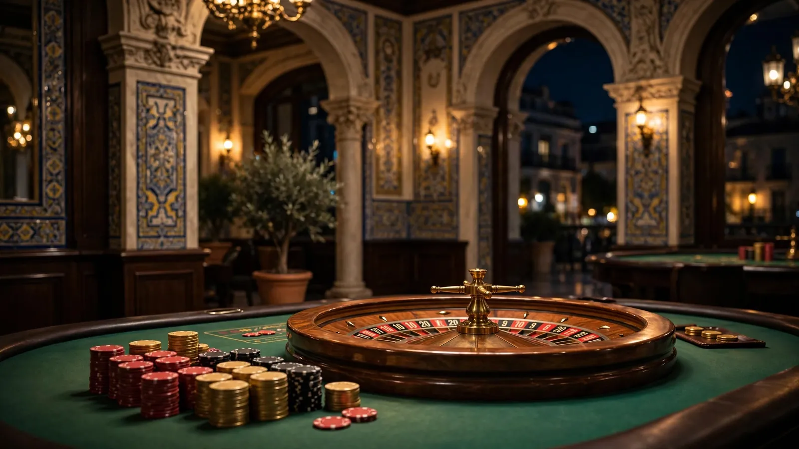 Ambiente elegante de casino europeo con mesa de ruleta y fichas