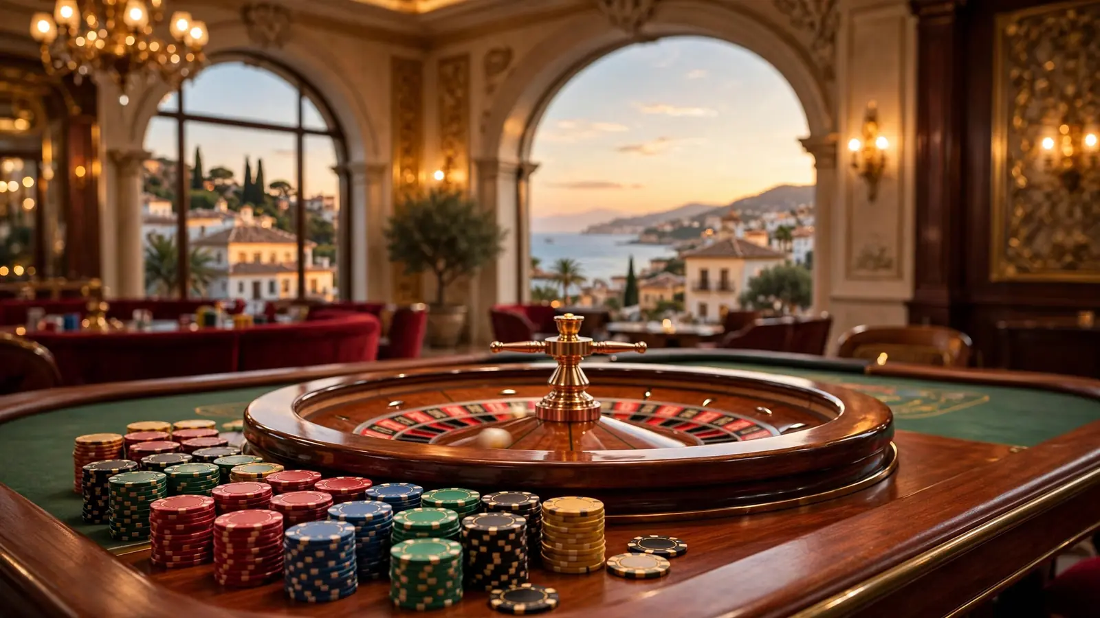 Elegante mesa de ruleta con fichas de casino y vista al atardecer mediterráneo