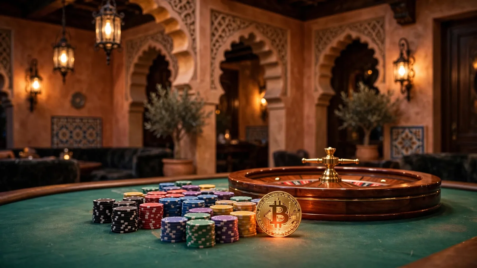 Elegante salón de casino español con fichas, ruleta y un Bitcoin físico sobre mesa de fieltro verde.