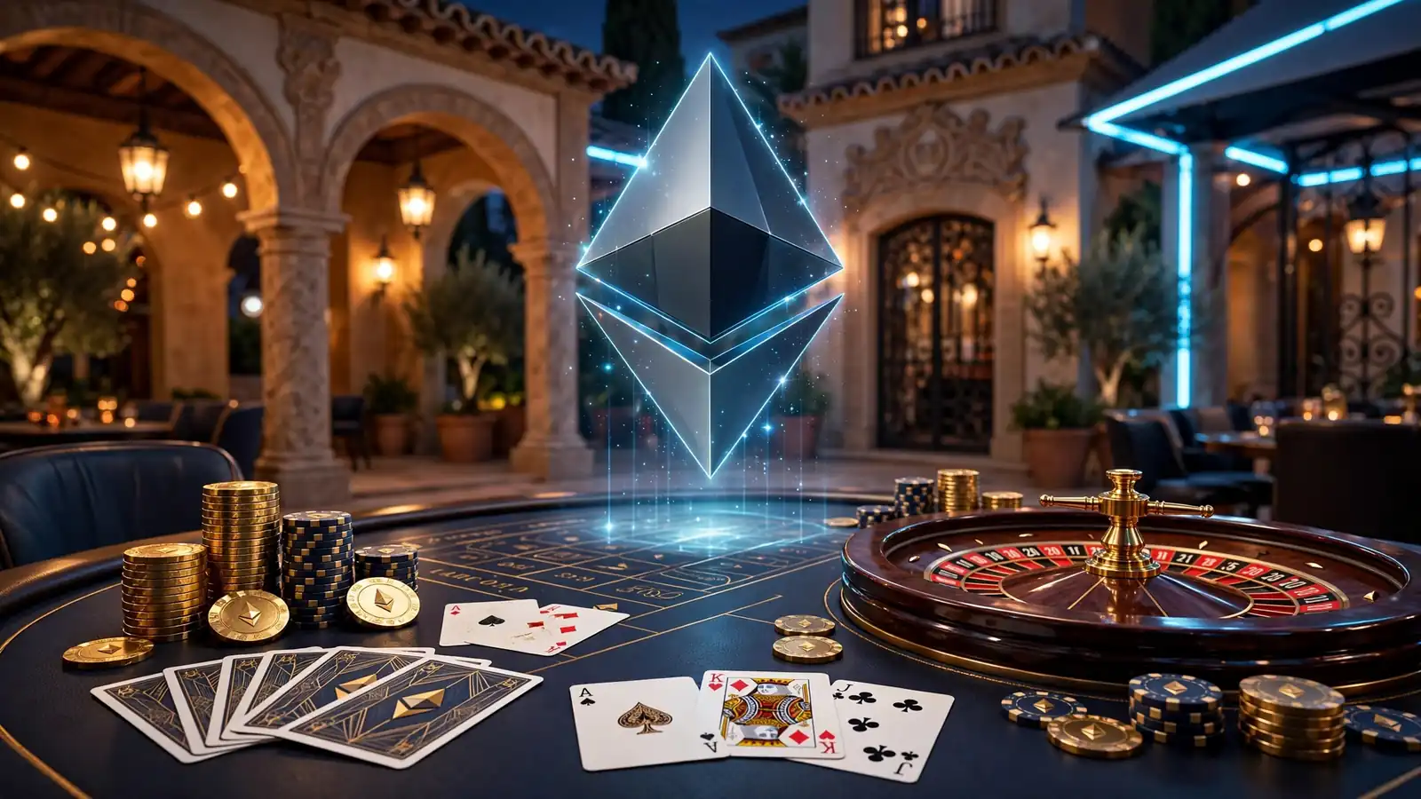 Casino en línea con Ethereum, fichas y ruleta sobre mesa elegante