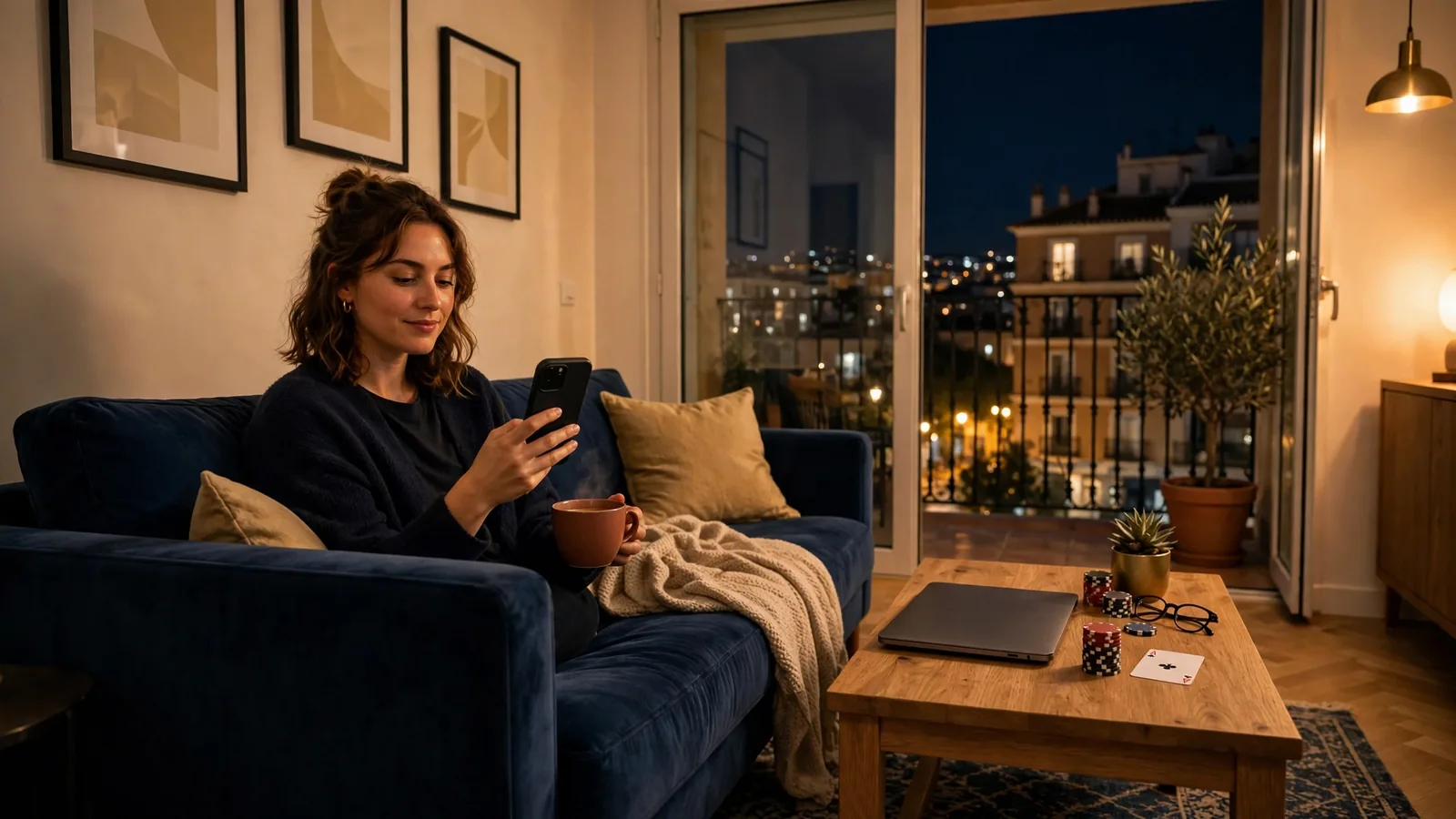 Adulto relajado en sala moderna española con smartphone y fichas de casino
