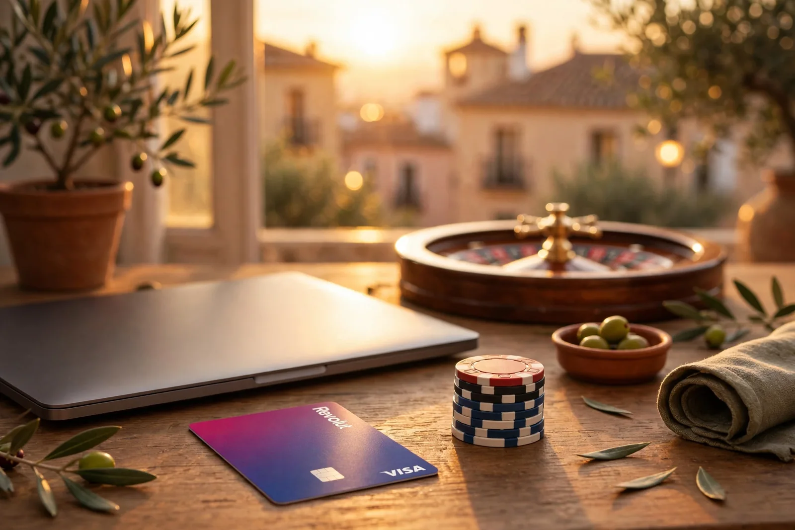 Tarjeta Revolut junto a fichas de casino y ruleta sobre mesa española
