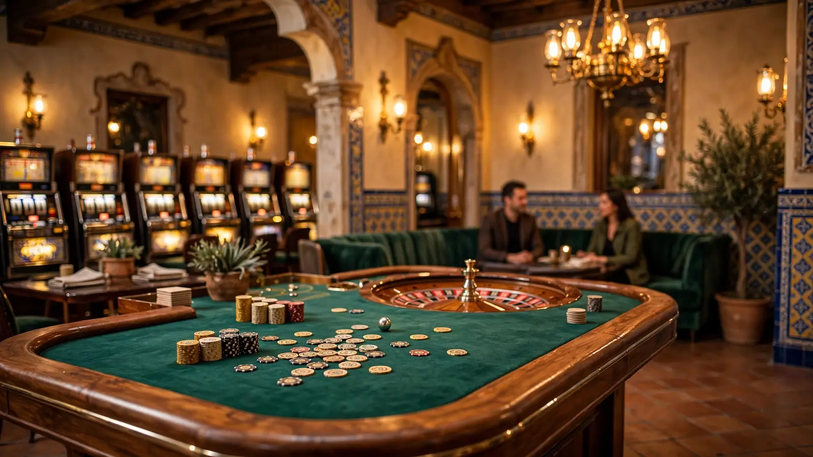 Mesa de ruleta elegante en un salón de casino español con fichas doradas