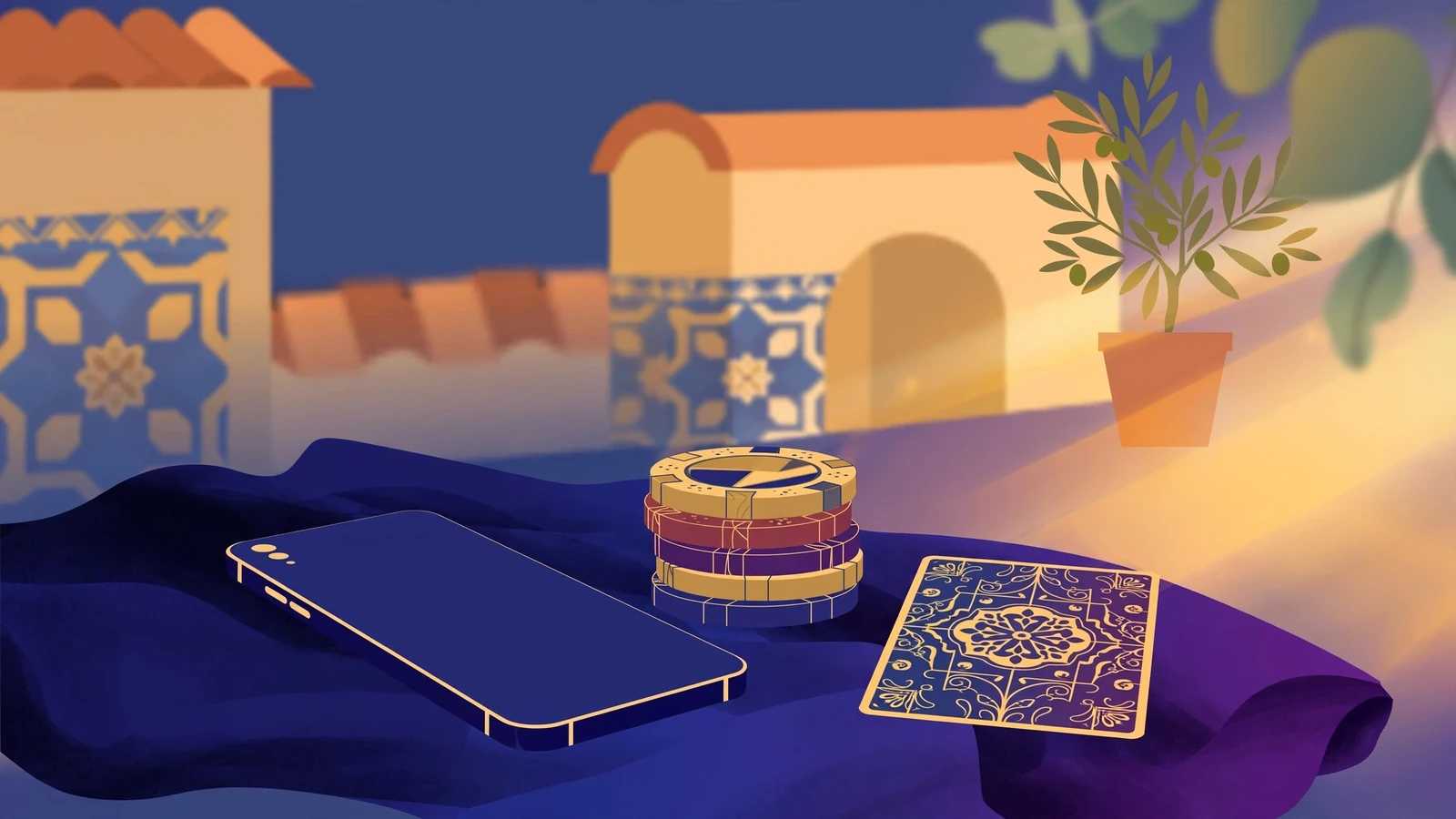 Smartphone junto a fichas de casino y una carta sobre superficie oscura, estilo elegante de casino móvil