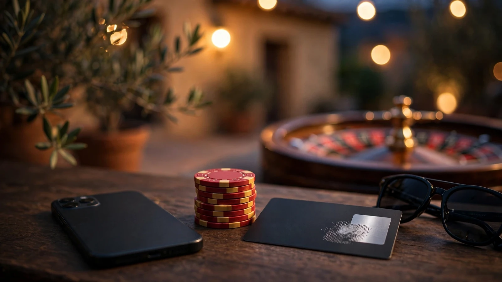 Mesa con fichas de casino, teléfono y tarjeta prepago Paysafecard