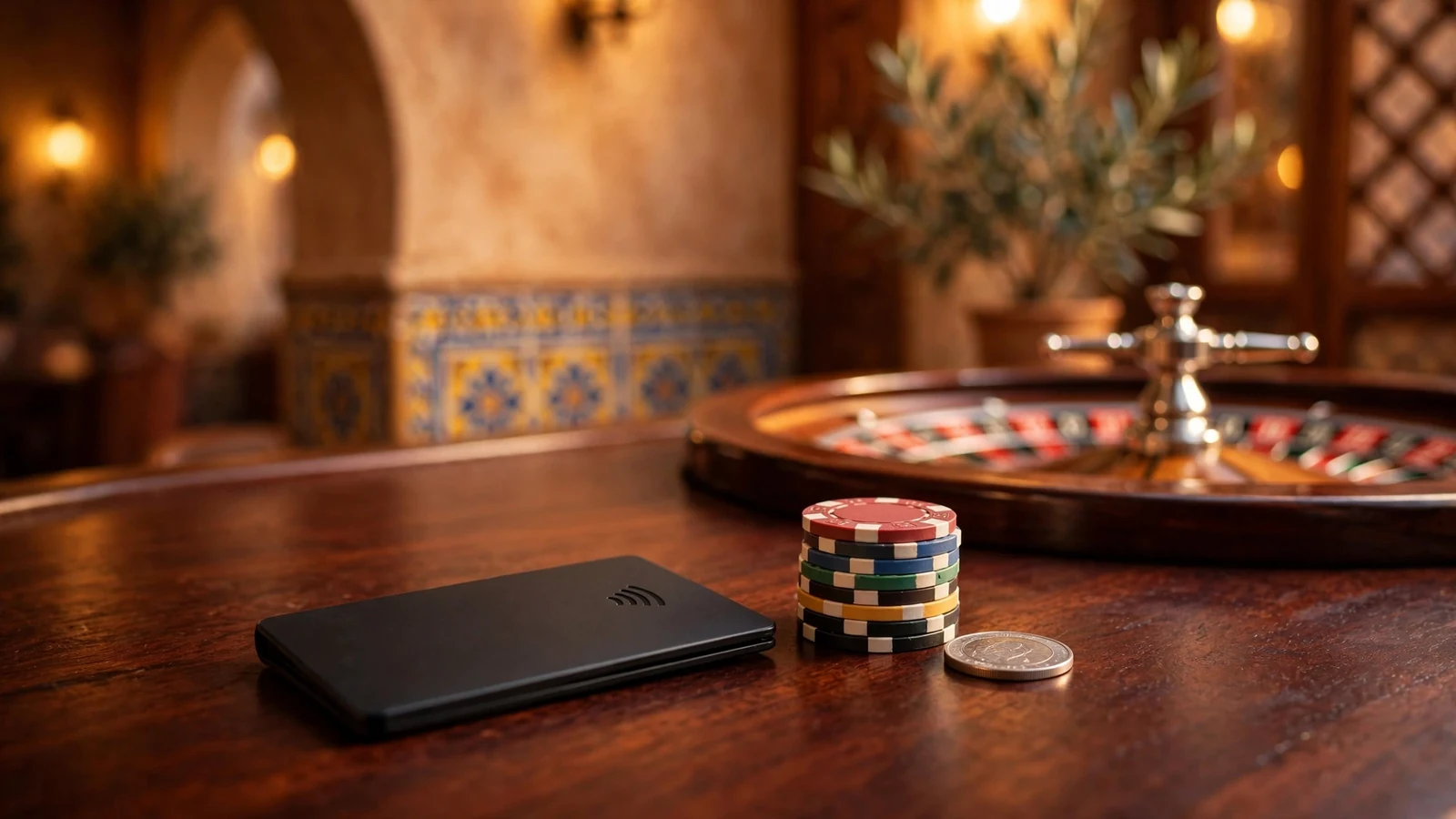 Monedero electrónico Skrill junto a fichas de casino sobre mesa de madera oscura