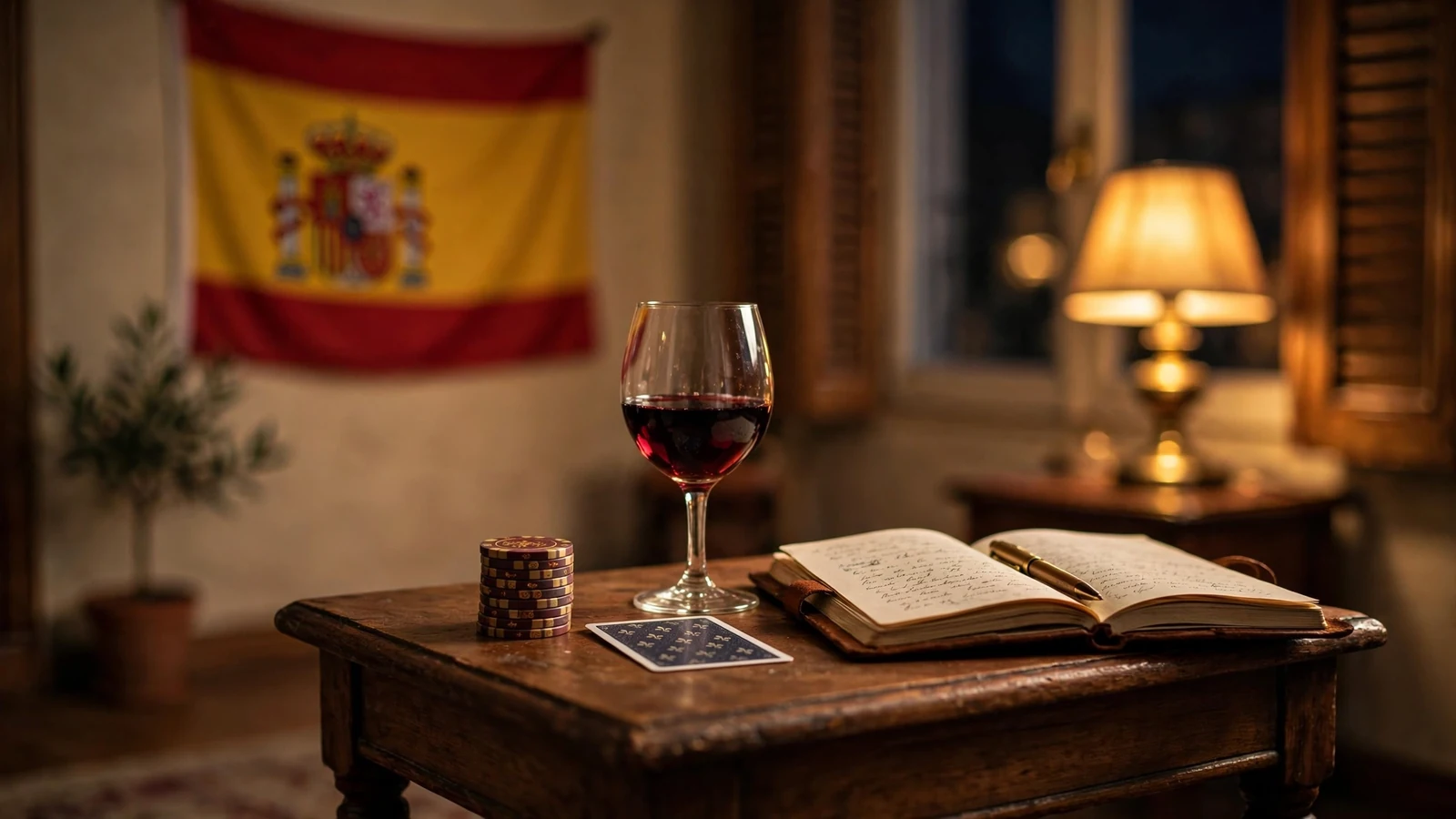 Mesa de noche con fichas de casino, una carta y vino español