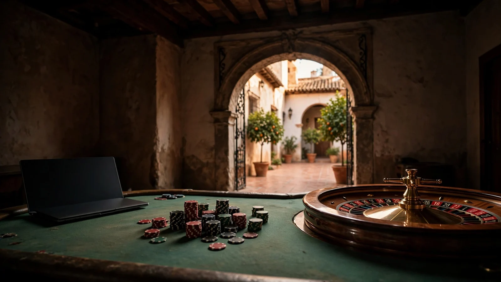Mesa de casino con fichas y ruleta junto a un arco español
