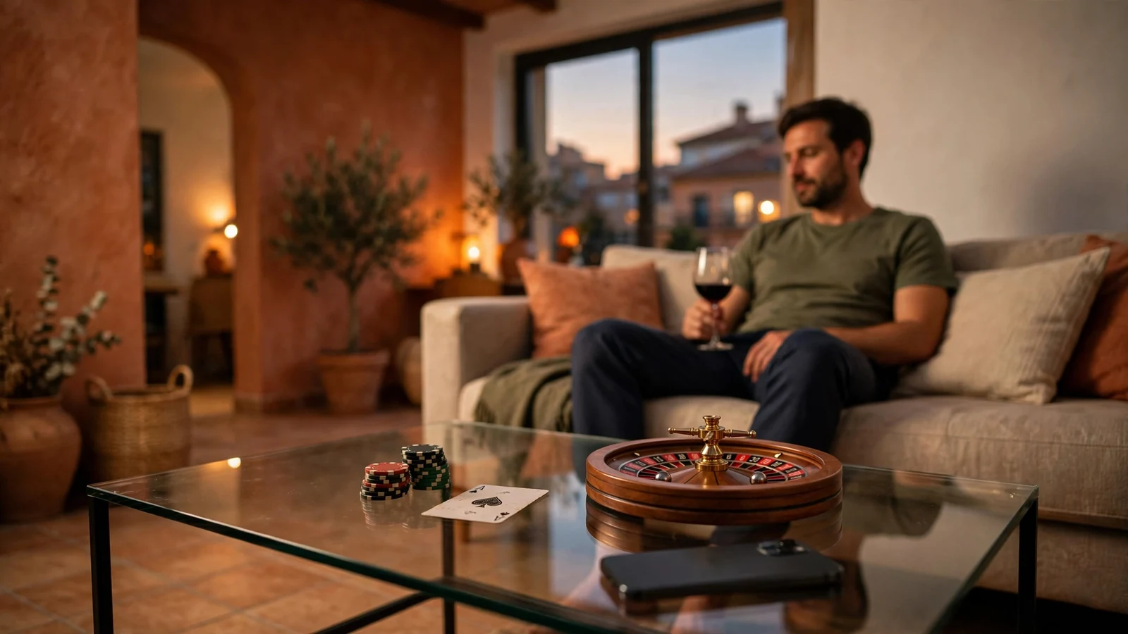 Mesa de casino con fichas y ruleta en un salón español al atardecer