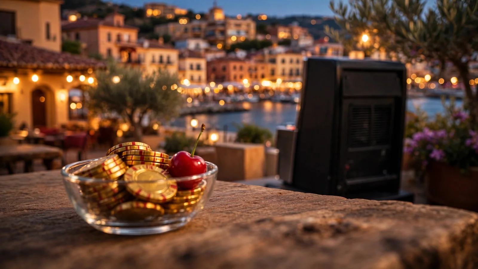 Bolsillo con fichas doradas junto a máquina tragaperras al atardecer en la costa española