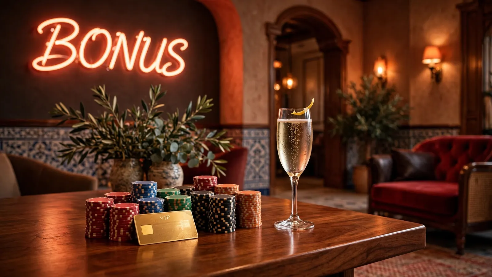 Mesa de casino con fichas de colores, llave dorada VIP y copa de cava