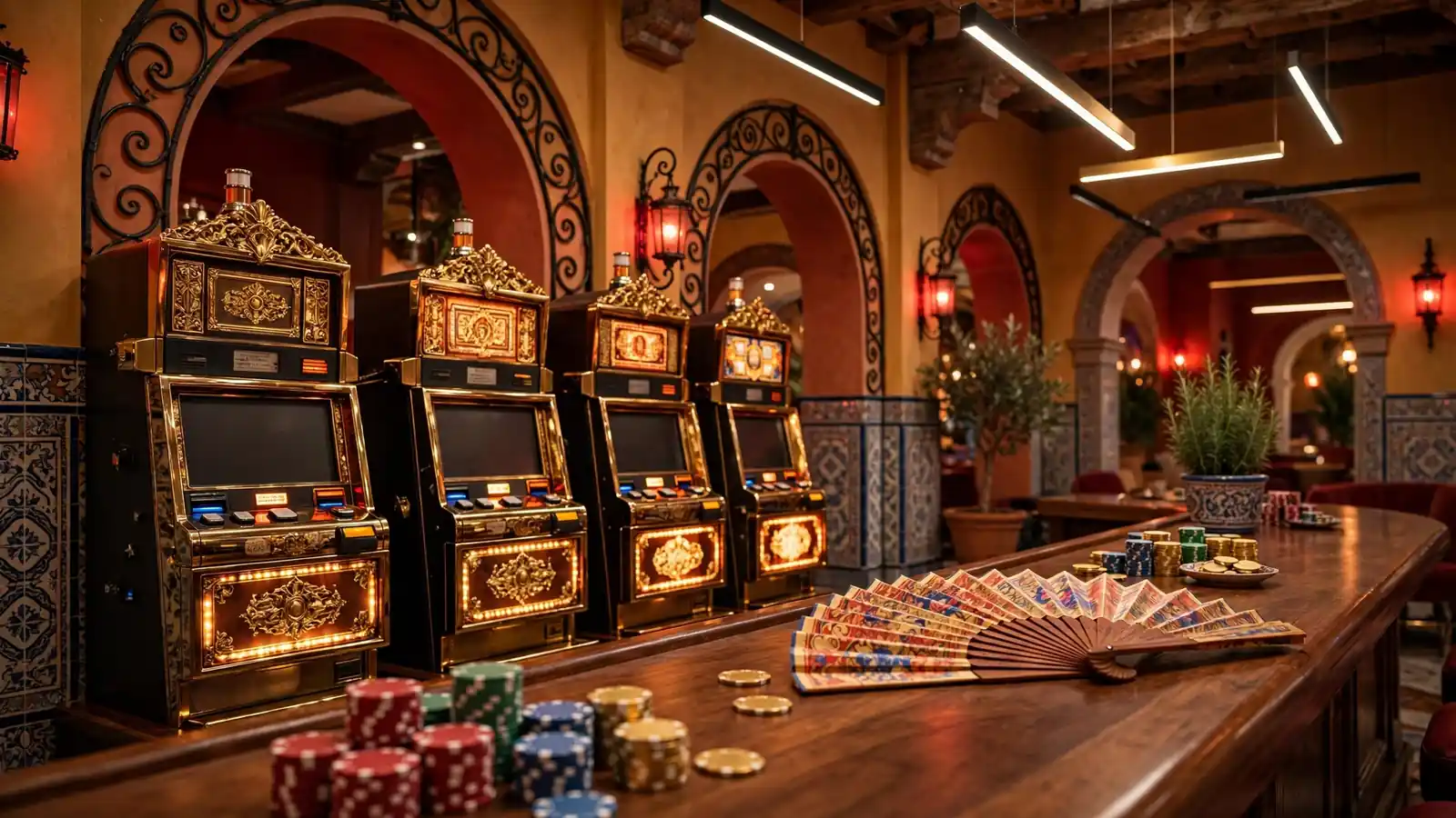Interior de casino español con máquinas tragaperras clásicas y azulejos decorativos