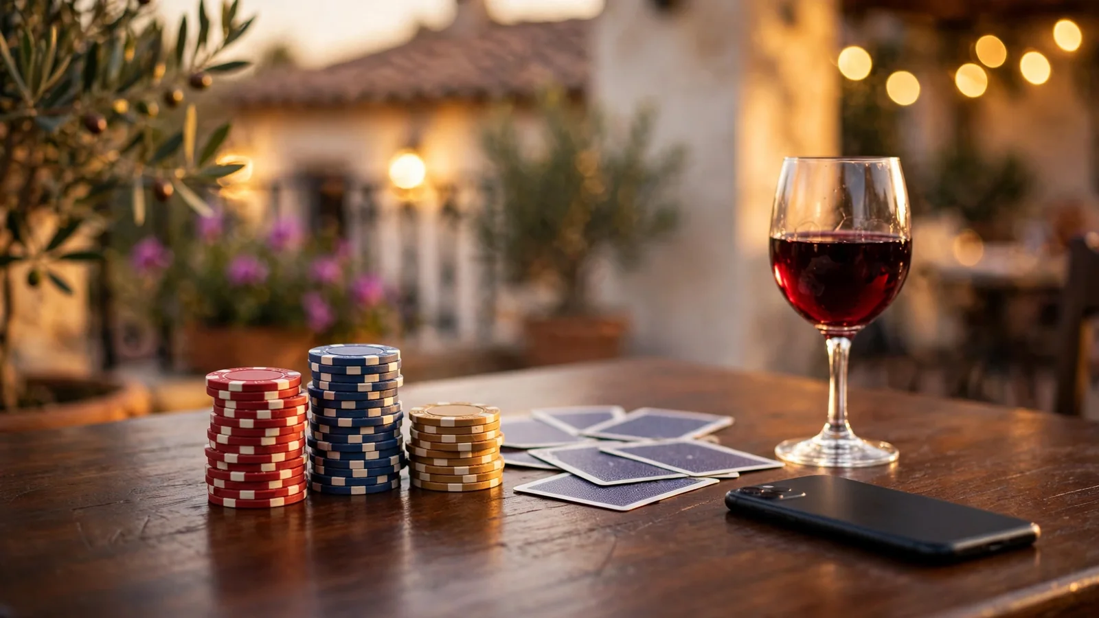Mesa de casino elegante con fichas de póquer, cartas y smartphone en un salón español