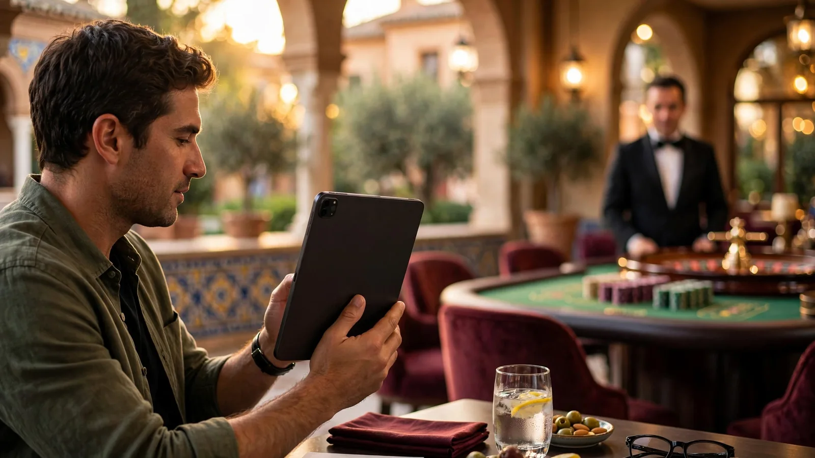 Jugador sosteniendo una tableta en un salón de casino en vivo con crupier y ruleta al fondo