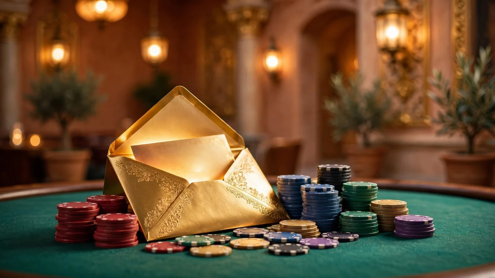 Mesa de casino con sobre dorado de bono y fichas apiladas bajo luz cálida española