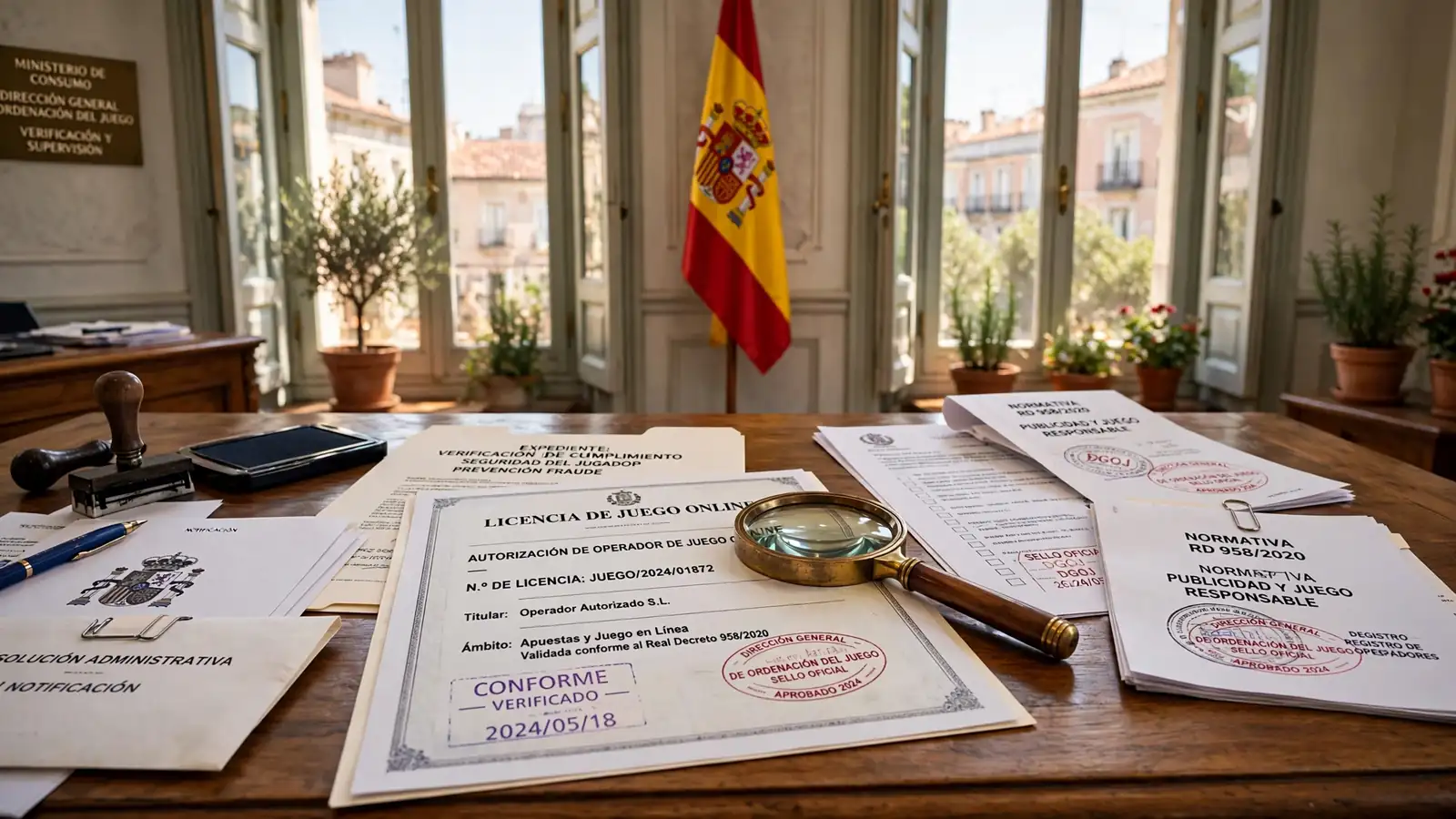 Escritorio oficial español con documentos sellados y lupa, simbolizando la verificación de licencias de juego en línea.