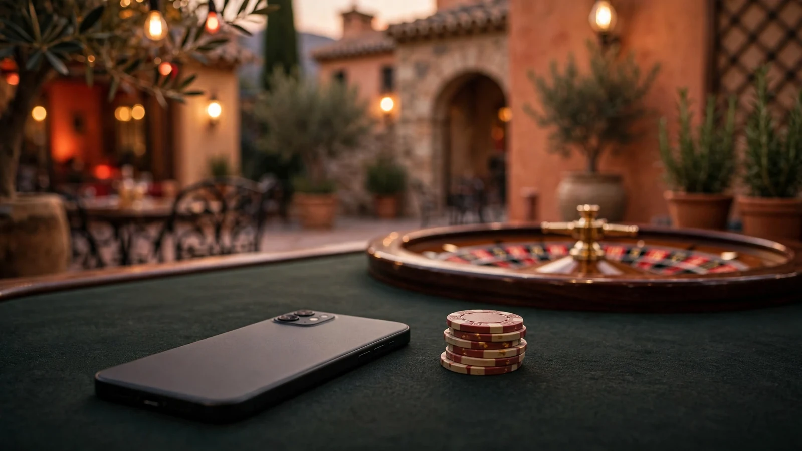 Smartphone sobre mesa de casino con fichas y ruleta, pantalla oculta