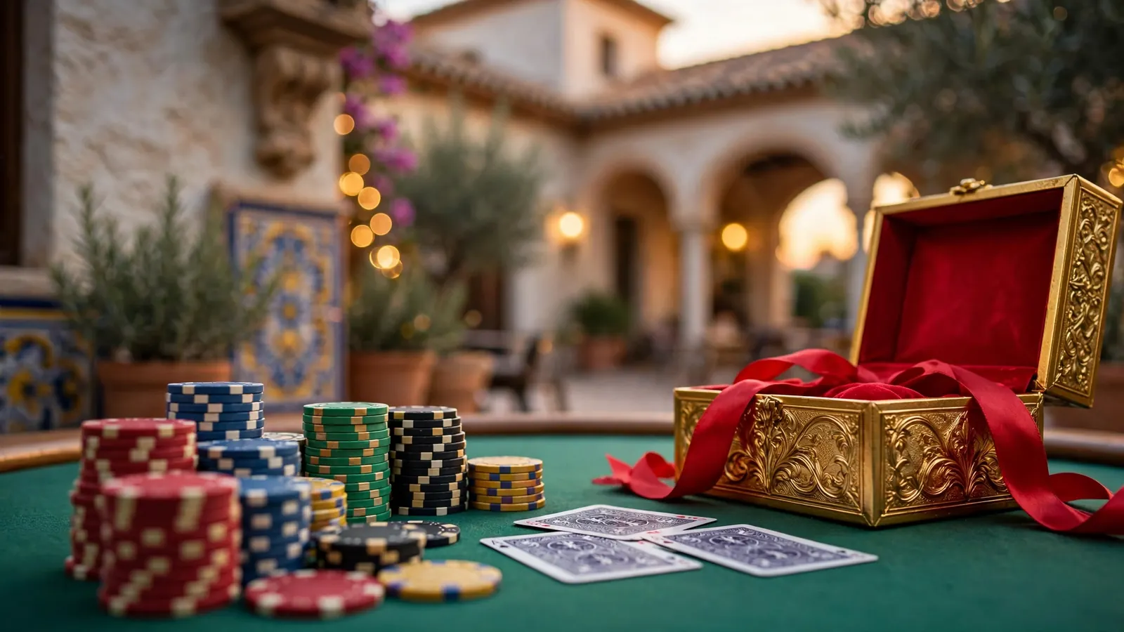Mesa de casino española con fichas de póquer apiladas y caja de regalo dorada