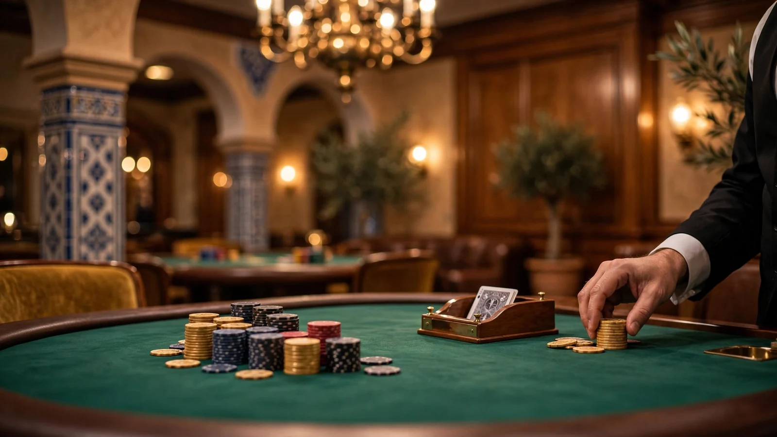 Mesa elegante de Punto Banco en un casino español iluminado