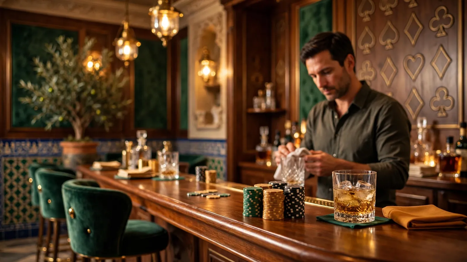 Ambiente elegante de casino en Madrid con fichas y luces doradas