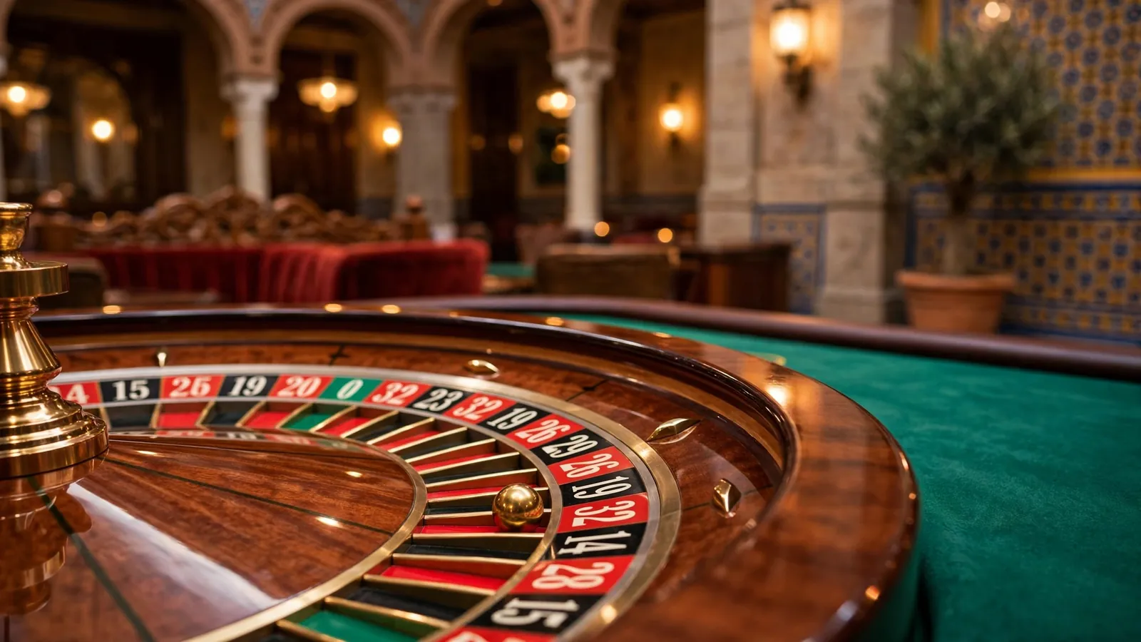 Ruleta europea de casino con bola dorada sobre tapete verde