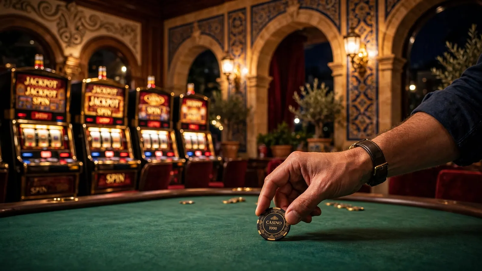 Mano de jugador colocando ficha junto a máquinas tragaperras iluminadas en un casino español nocturno