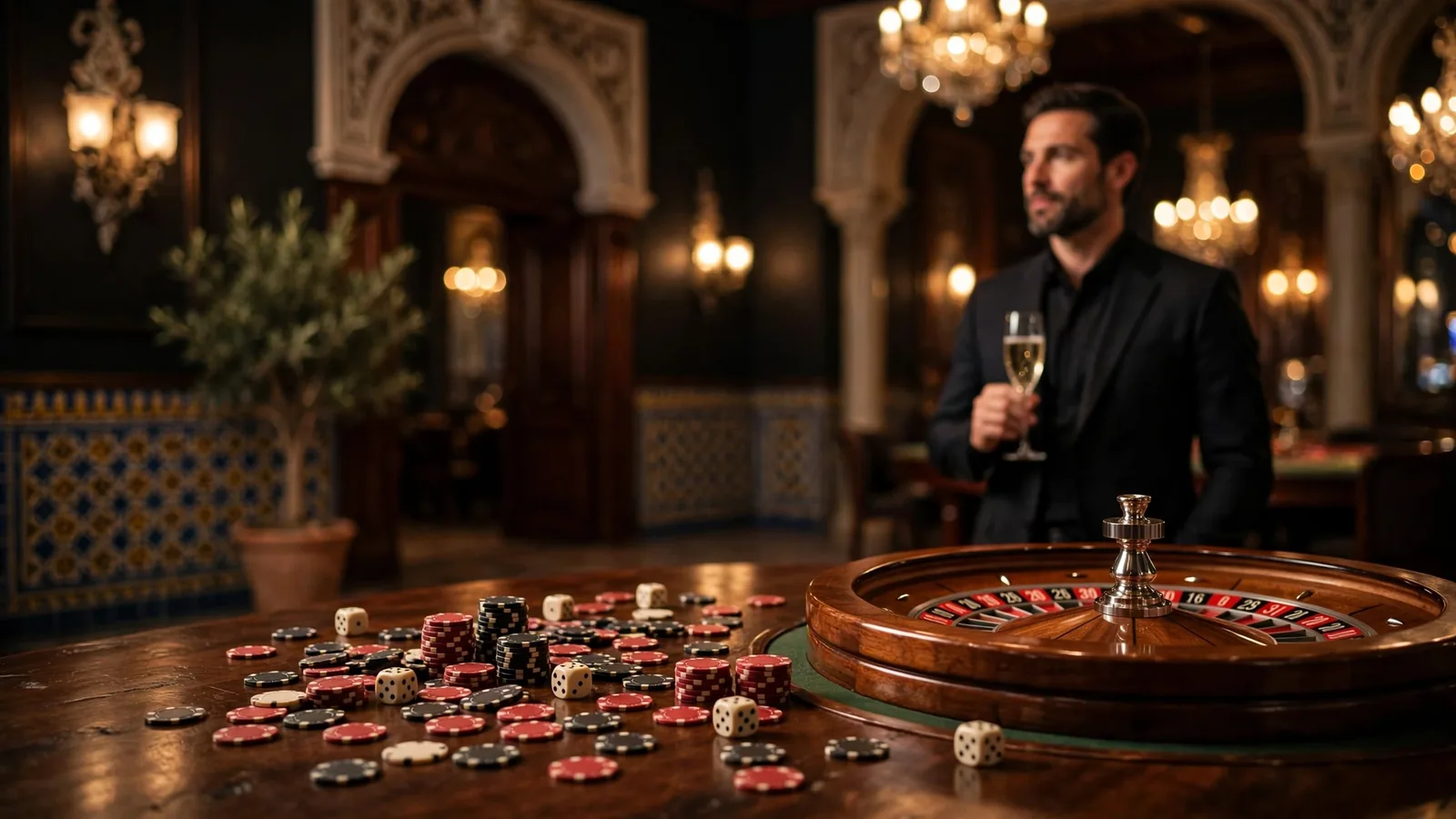 Mesa de casino elegante con fichas, dados y ruleta bajo luz dorada