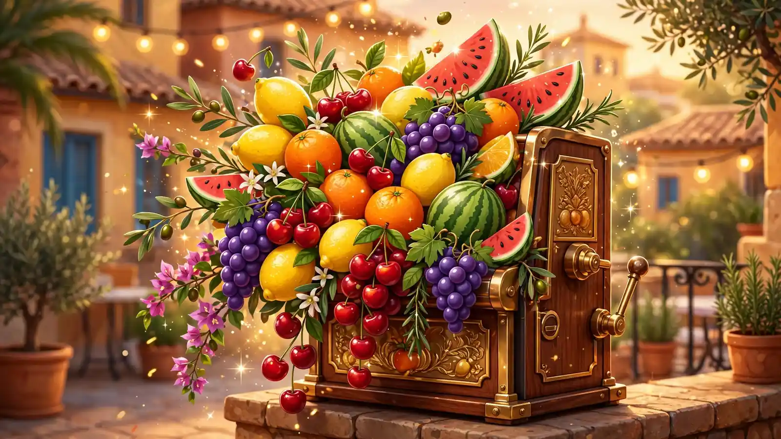 Colorida ilustración de frutas brillantes para tragaperras 2026
