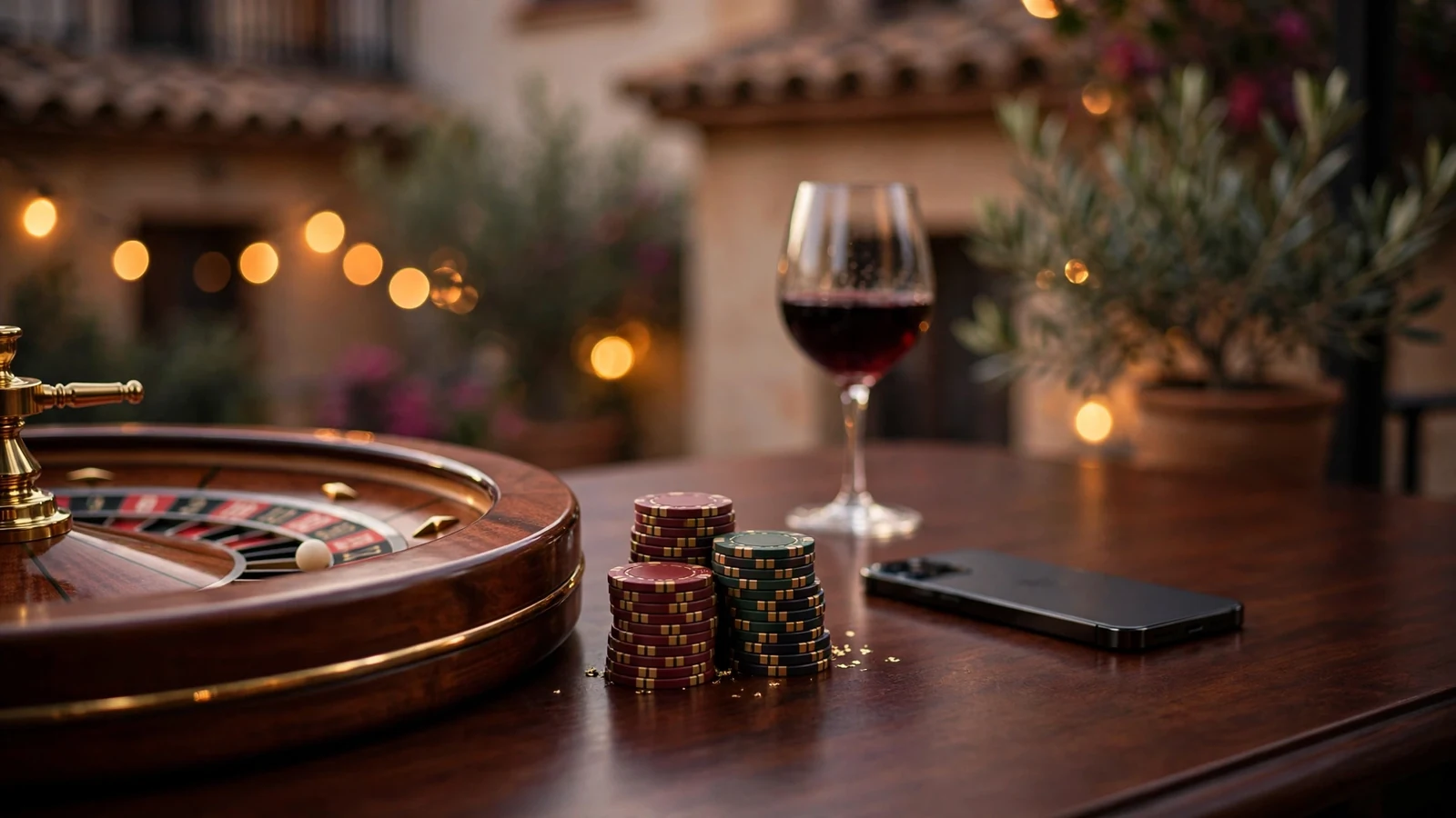 Mesa de casino elegante con ruleta y fichas bajo luz cálida en España