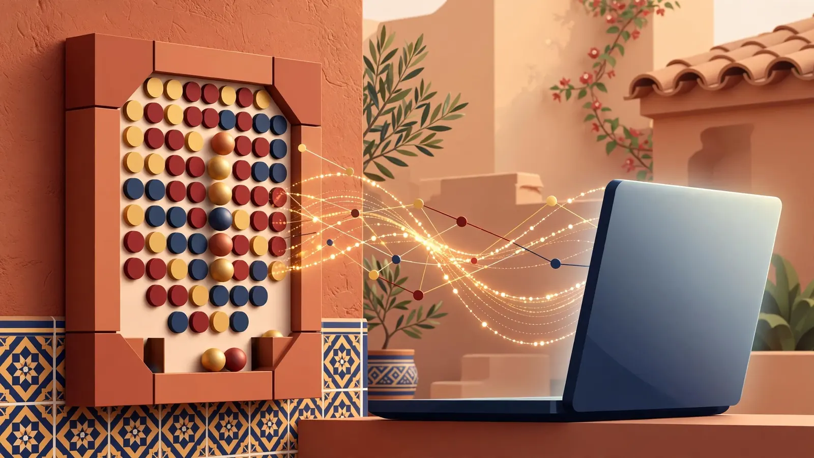 Ilustración digital de un tablero Plinko conectado a un portátil con líneas de datos abstractas