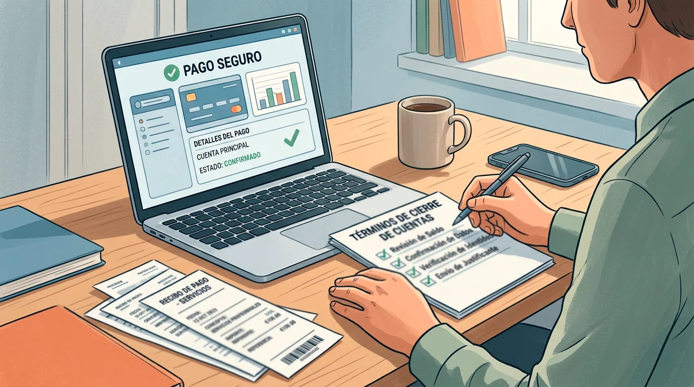 Mesa de trabajo con recibos, condiciones y una lista de comprobación de pagos