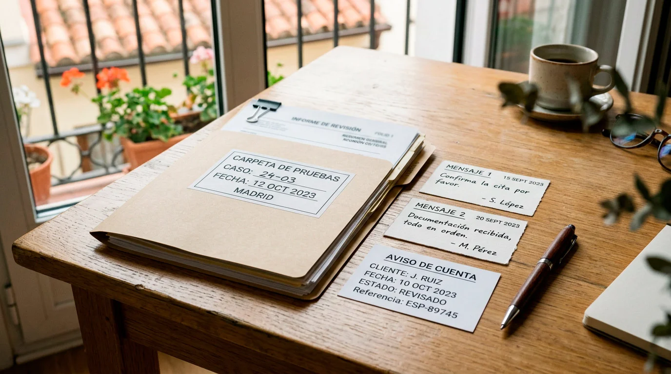 Carpeta ordenada con mensajes, fechas y documentos para preparar una reclamación